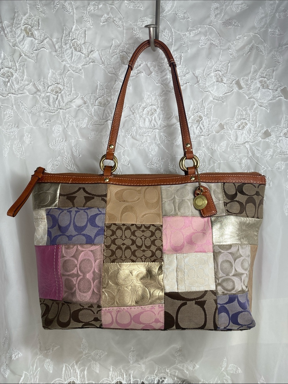 Vintage Coach 11711 Patchwork Signature Tote Bag in Multi Pink/Gold
